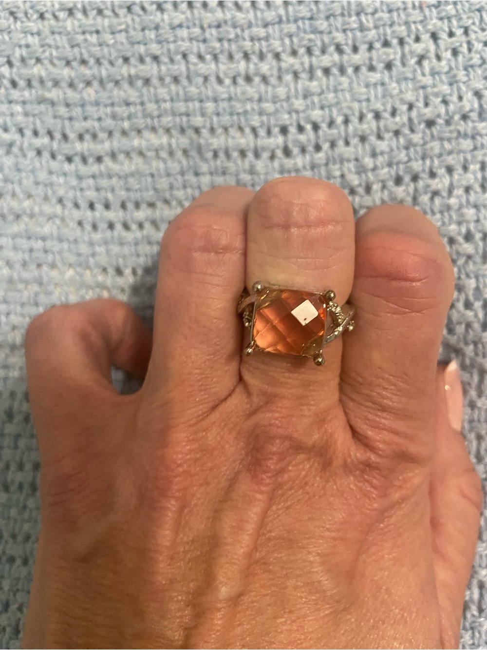Artisan Gold Ring with Peach-Orange Square Gemstone sz 7